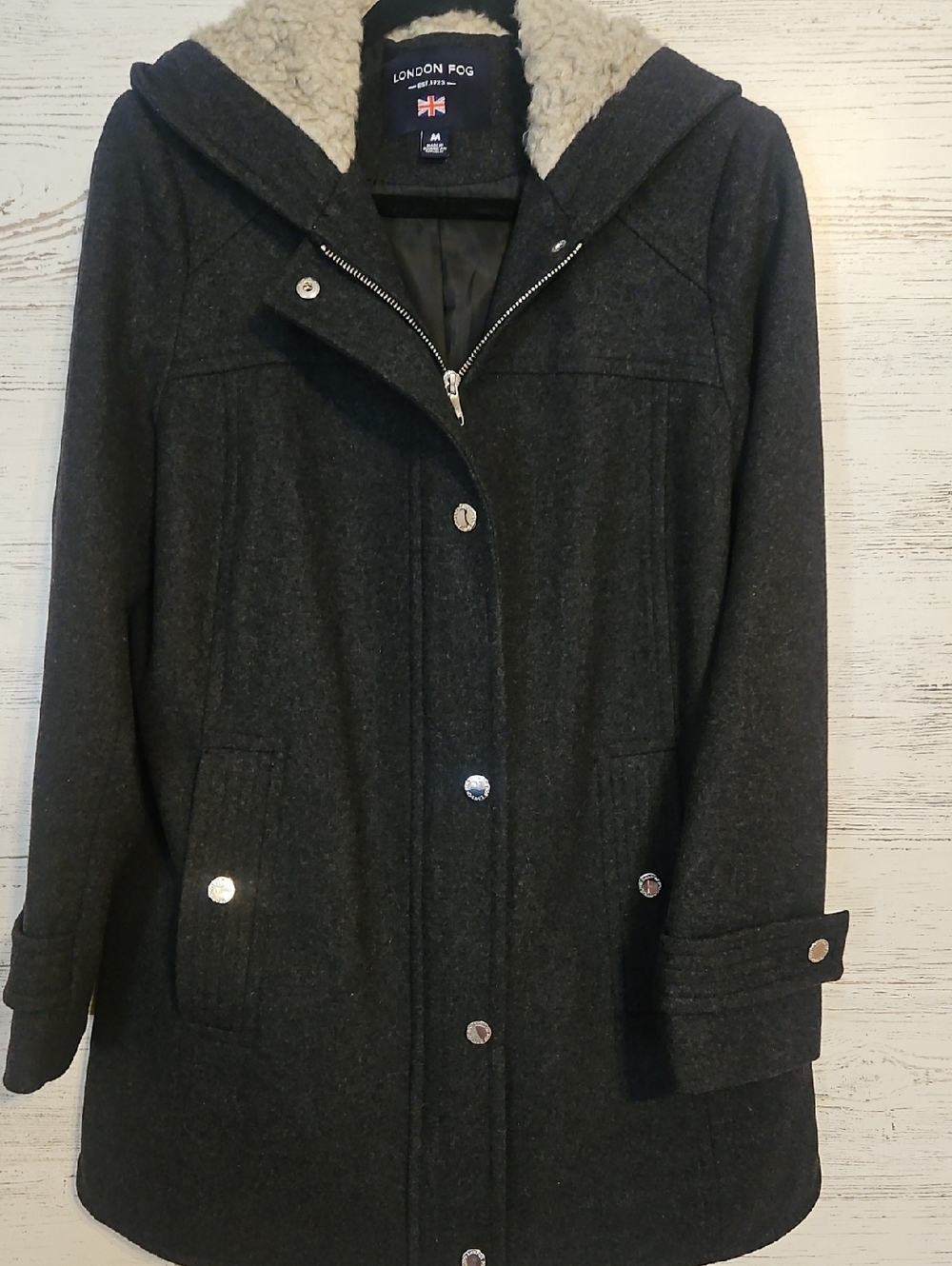 London Fog Women's Dark Charcoal Hooded Pea Coat with Sherpa Trim